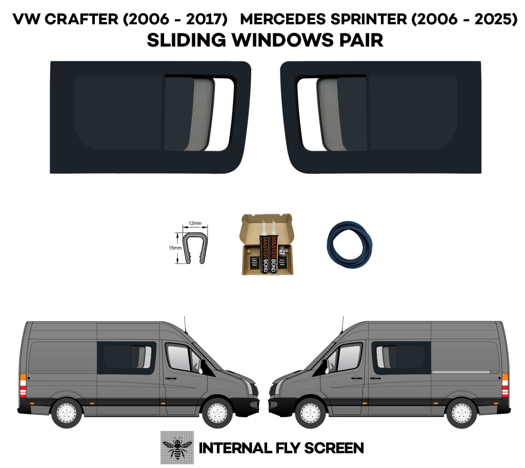 VW Crafter Sliding Windows with Fly Screen & Drop Pin Lock