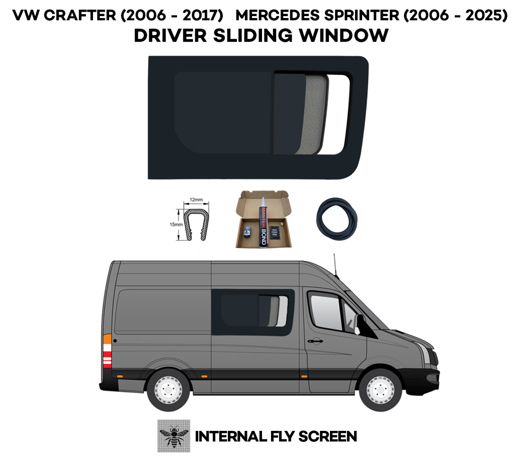 VW Crafter Driver Side Sliding Window with Fly Screen & Drop Pin Lock