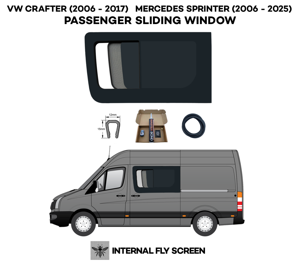 VW Crafter Passenger Side Sliding Window with Fly Screen & Drop Pin Lock