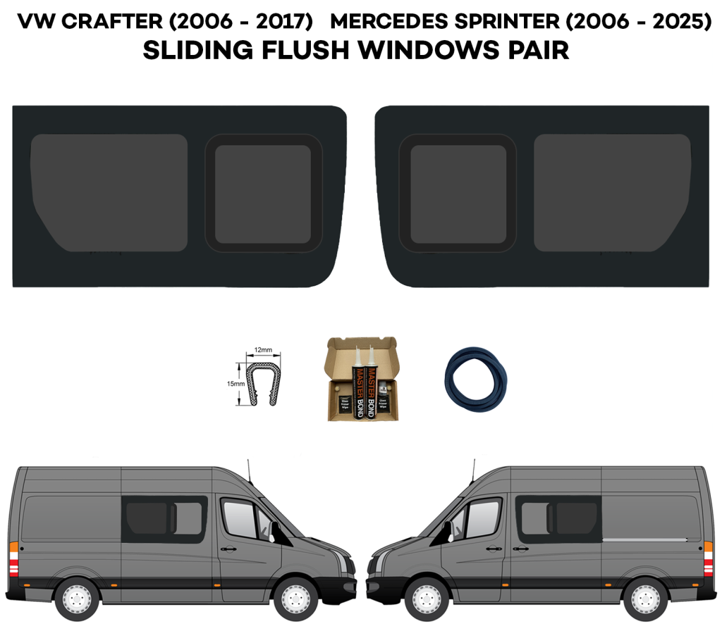 VW Crafter FLUSH Sliding Windows – PAIR