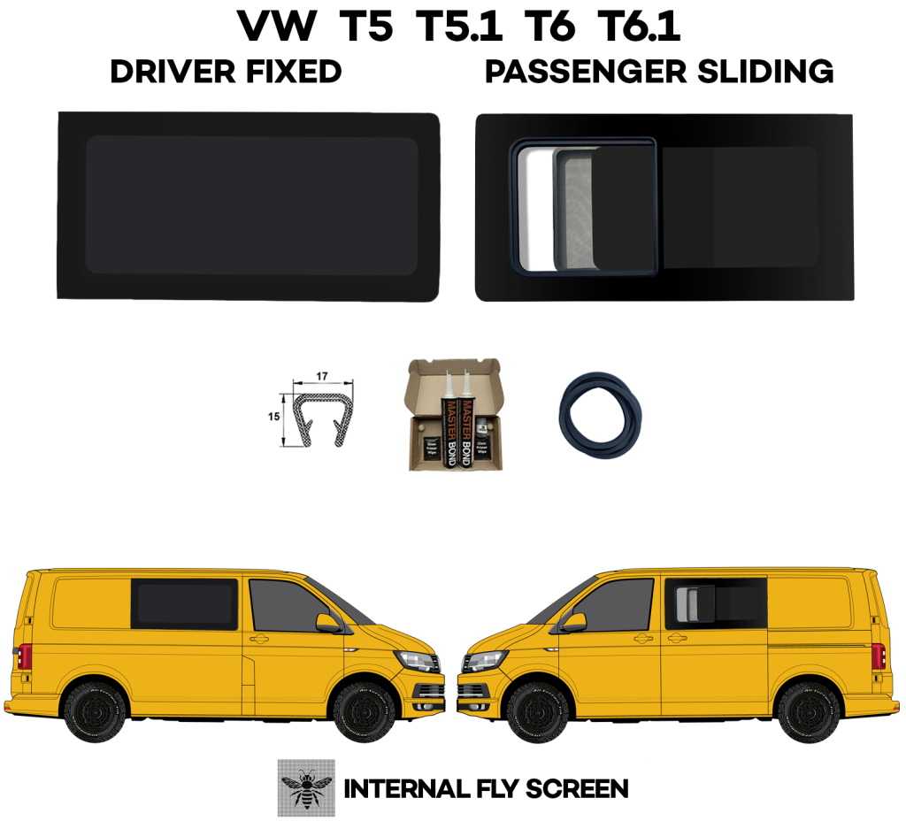 VW T5/6 Windows Driver Side FIXED Window and Passenger Side SLIDING Window with Internal FLY SCREEN END OF LINE