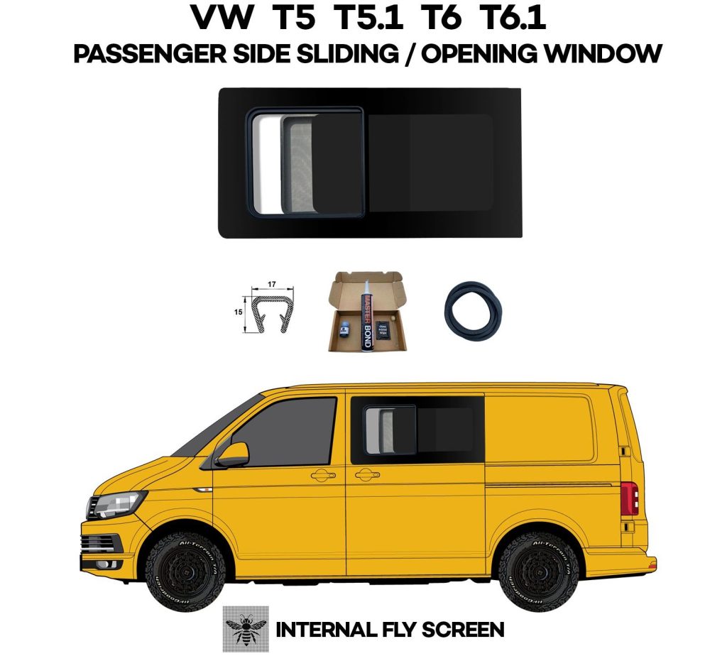 VW T5 Windows – Passenger Side SLIDING/OPENING Window with Internal FLY-SCREEN END OF LINE